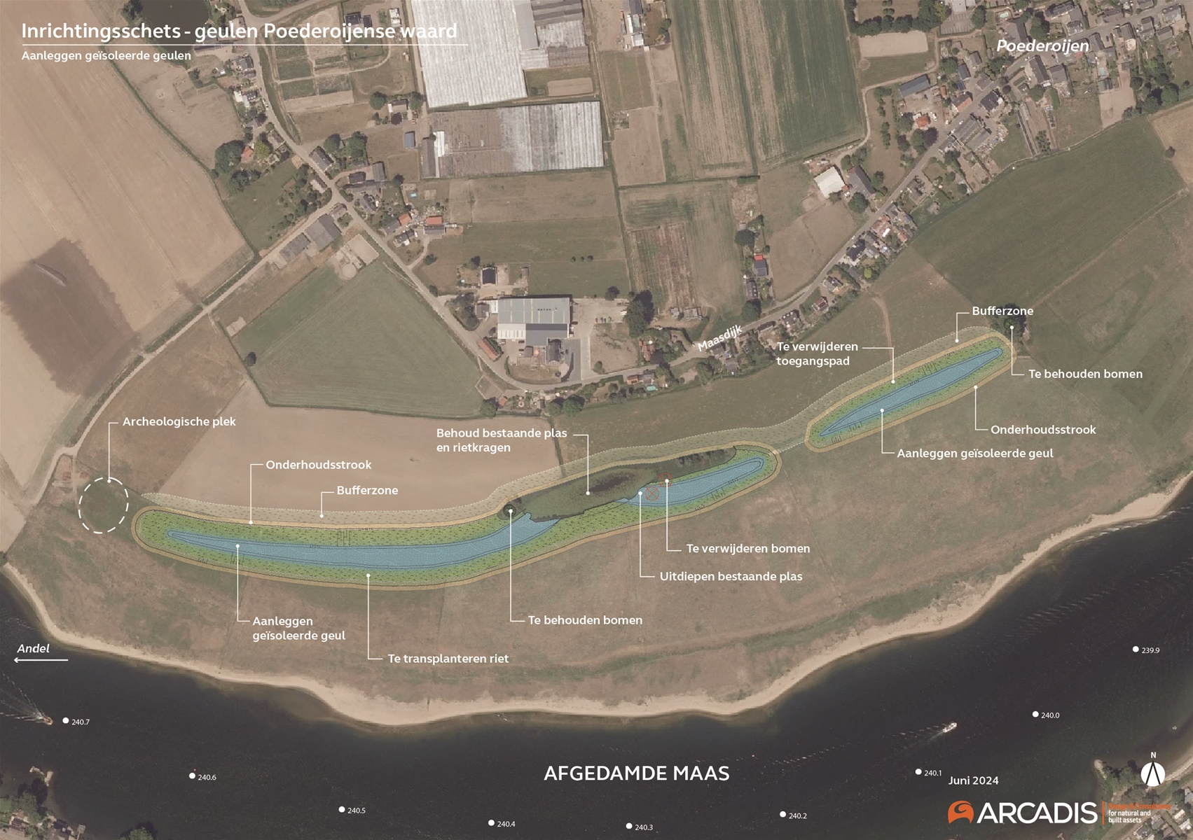 Luchtfoto met bovenaanzicht van het maatregelgebied Geulen Poederoijense Waard ten zuiden van het gelijknamige dorp. Hierop is het ontwerp ingetekend. Te zien is hoe de bestaande plas opgaat in de westelijke geul, die ook langer is dan de oostgeul. Beide geulen komen naast elkaar geïsoleerd in de uiterwaard te liggen en volgen de kromming van de Afgedamde Maas ter hoogte van Poederoijen. Op een aantal plekken staan tekstvlaggetjes met korte uitleg wat er gaat gebeuren.